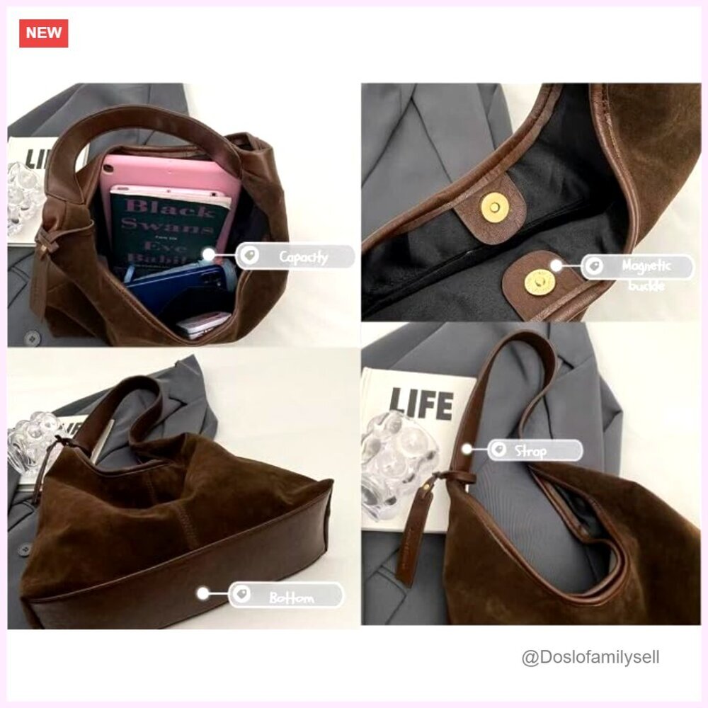 Suede Hobo Tote Bag Elegant Minimal Chic Work Purse Shoulder Bag Fall Aesthetics - Picture 6 of 7